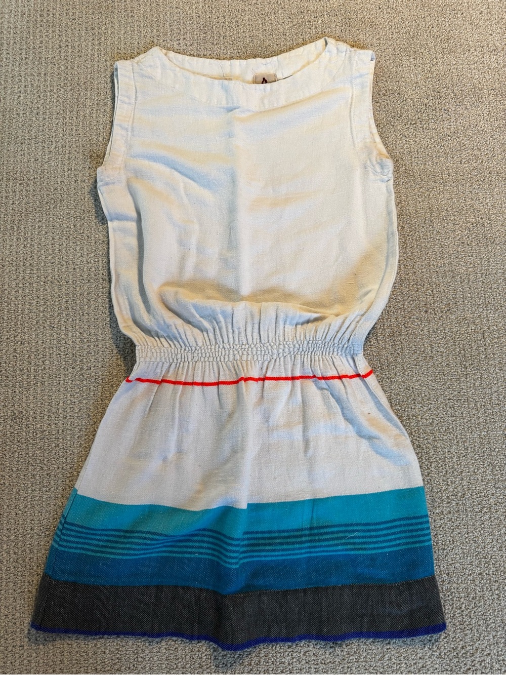 Lemlem Cream Knit Mini Dress with Blue and Teal Stripe Hem